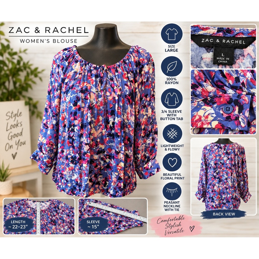Zac & Rachel Floral Peasant Blouse Blue Pink 3/4 Sleeve Button Tab Rayon Large